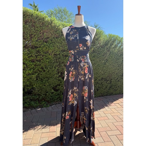 BP. Dresses & Skirts - BP Nordstrom Floral Halter Maxi Dress Navy Blue Smocked Waist Open Back NWT